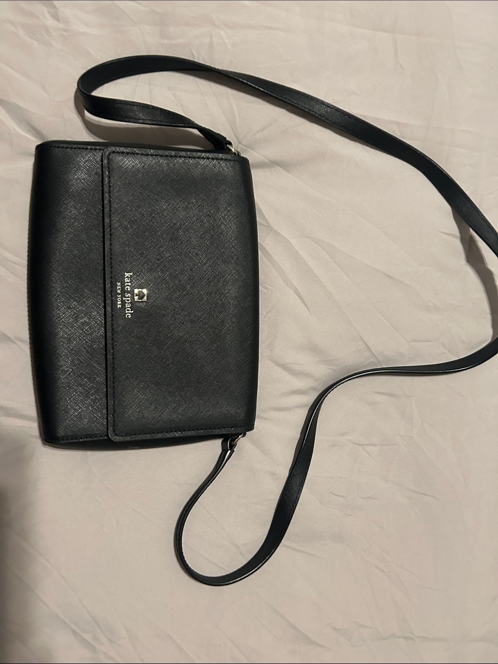 kate spade Black Saffiano Leather Messenger Bag with Gold Logo